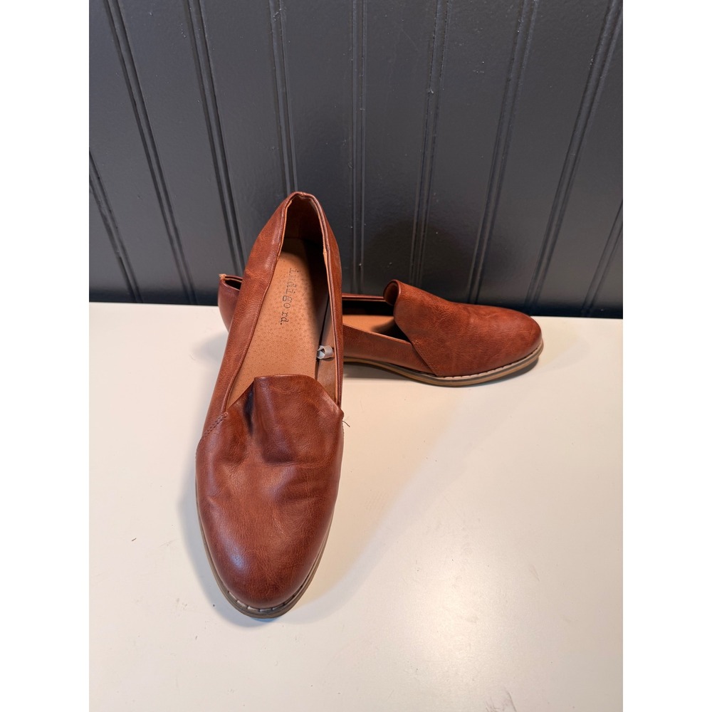 Indigo rd. Womens Cognac Brown Faux Leather Slip On Loafers Flats Size 8M